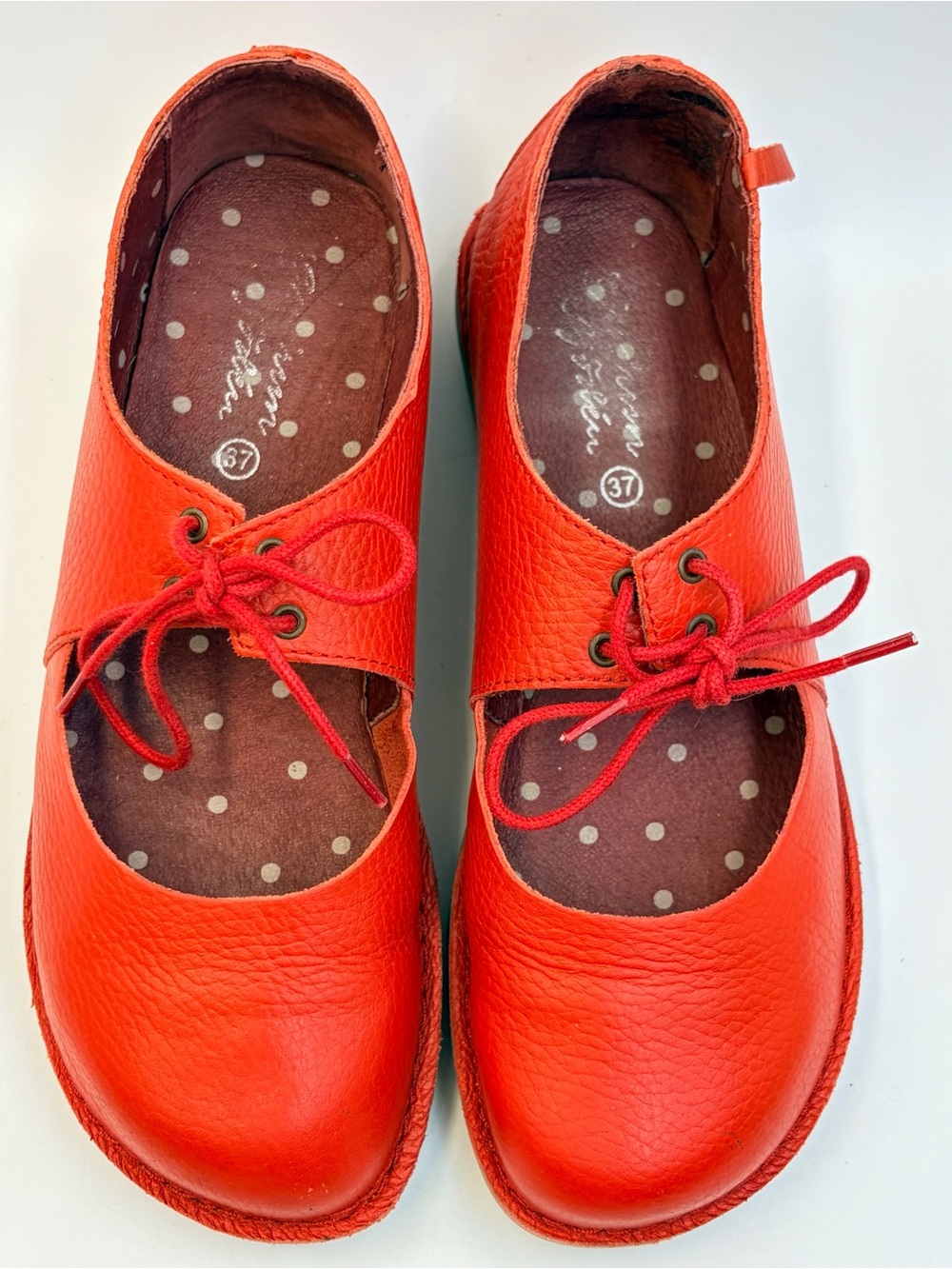 Gudrun Sjoden Red Pebbled Leather Lace-Up Mary Jane Flats EU37 US6.5 Lagenlook - Picture 10 of 11
